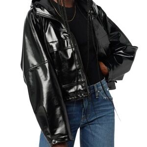 Black Hooded cropped black patent Jacket with drawstrings and zippers